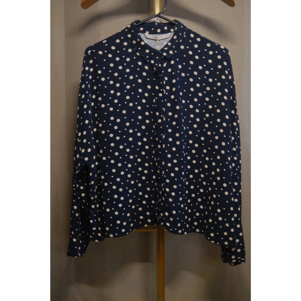 ZARA Trafaluc Polka Dot Dress Shirt L Large Navy Blue White Long Sleeve Collared